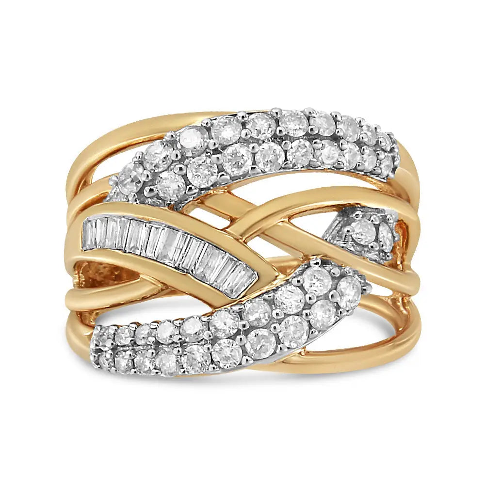 10k Yellow and White Gold 1.0 Cttw Diamond Multirow Interwoven Cocktail Ring