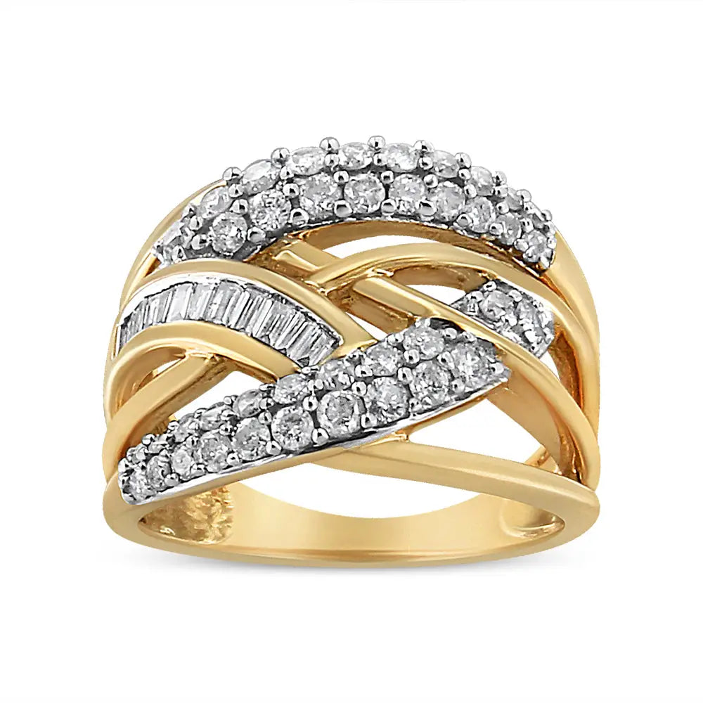 10k Yellow and White Gold 1.0 Cttw Diamond Multirow Interwoven Cocktail Ring