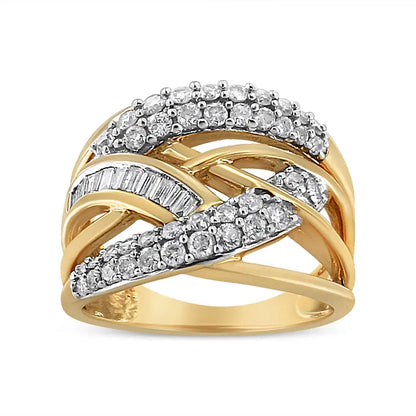 10k Yellow and White Gold 1.0 Cttw Diamond Multirow Interwoven Cocktail Ring