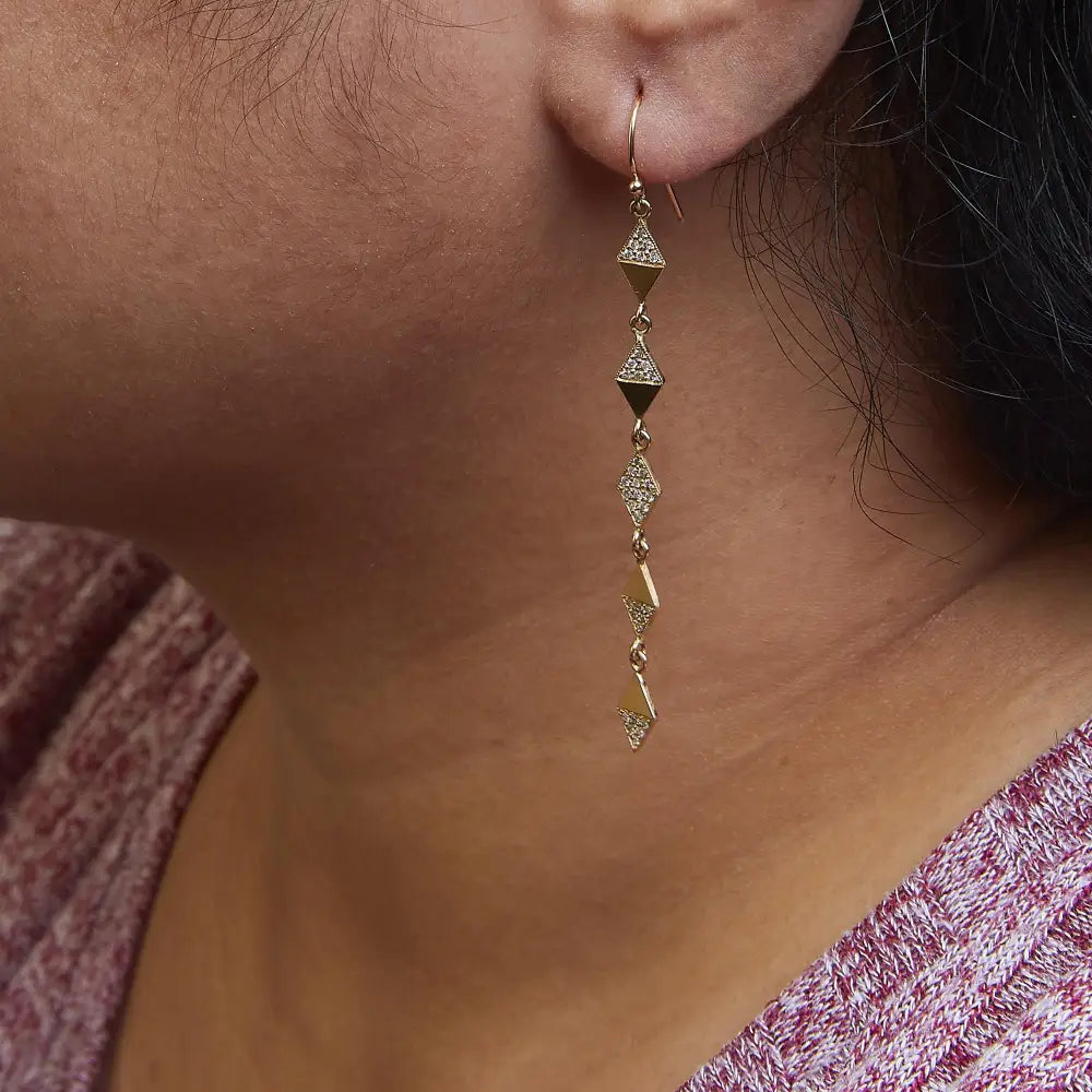 Exquisite Diamond Studded Kite Drop Earrings in 14k Yellow Gold