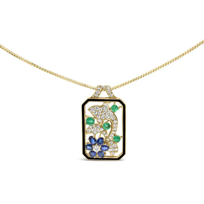 Elegant 18k Yellow Gold Diamond Sapphire & Emerald Dog Tag Necklace - Brooches