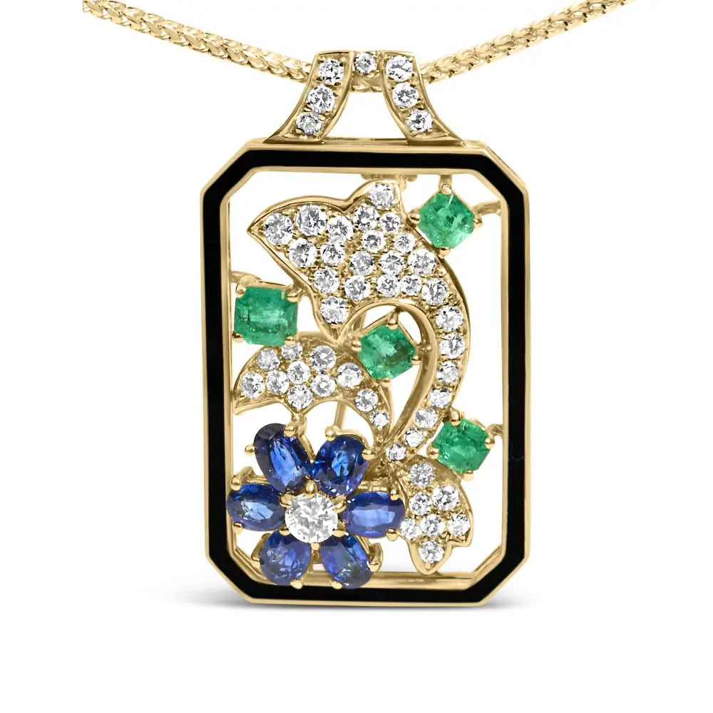 Elegant 18k Yellow Gold Diamond Sapphire & Emerald Dog Tag Necklace - Brooches