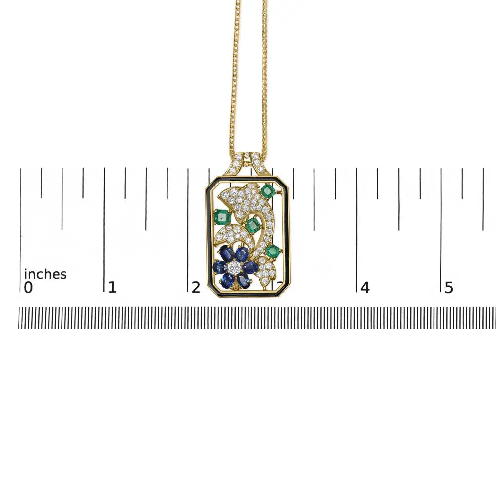 Elegant 18k Yellow Gold Diamond Sapphire & Emerald Dog Tag Necklace - Brooches