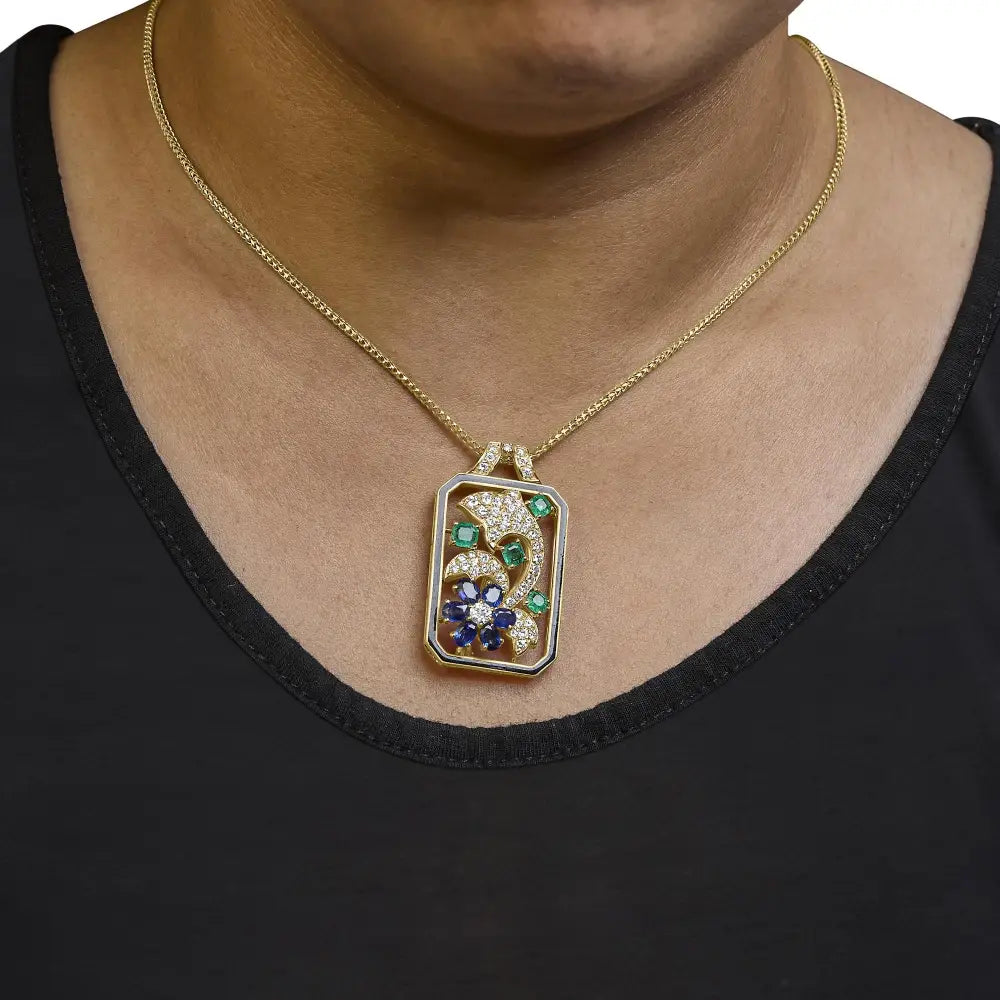 Elegant 18k Yellow Gold Diamond Sapphire & Emerald Dog Tag Necklace - Brooches