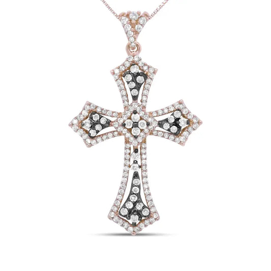 Exquisite James Budded Cross Pendant in 14k Rose Gold and Black Rhodium