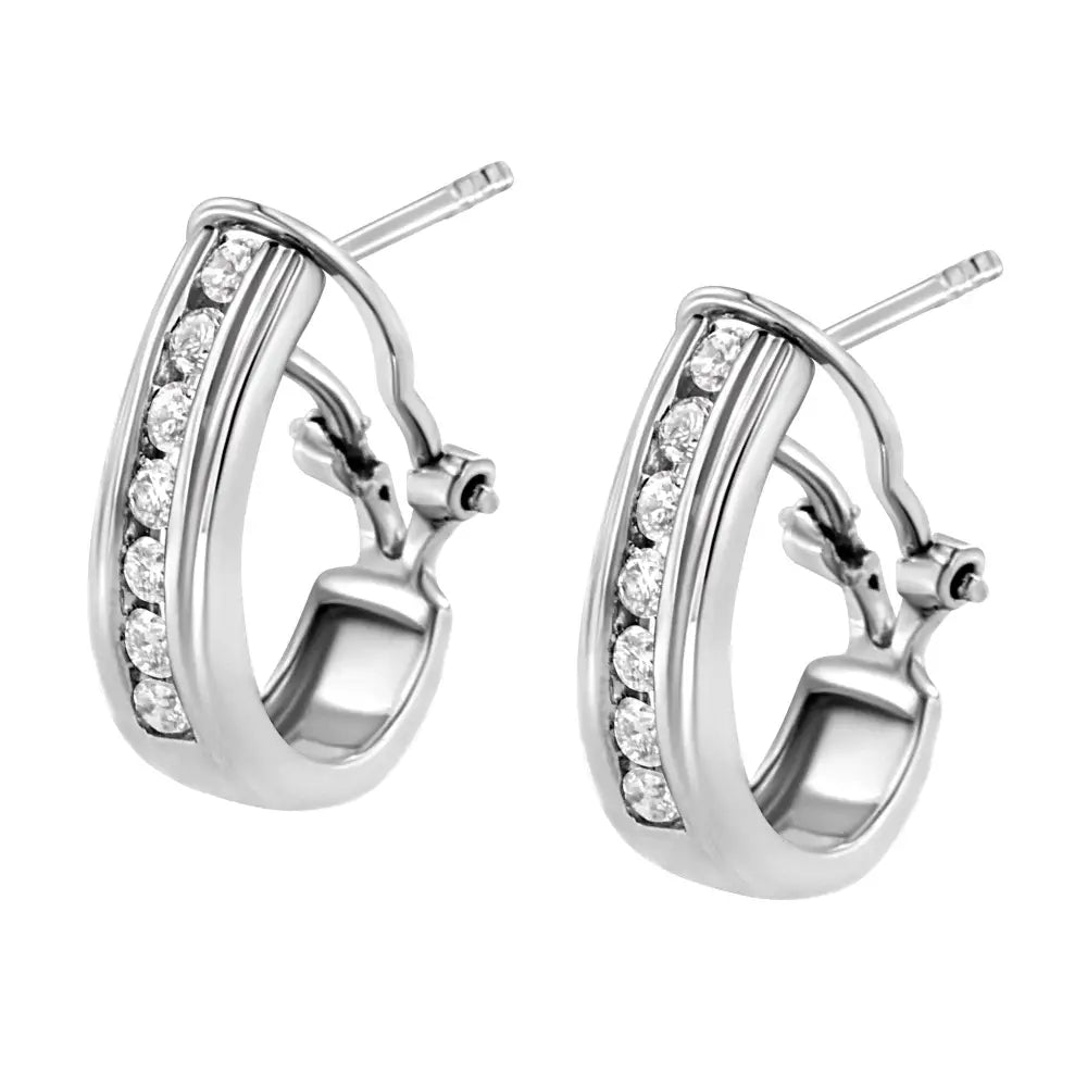 Exquisite Lab Grown Round Diamond Sterling Silver Channel Hoop Earrings