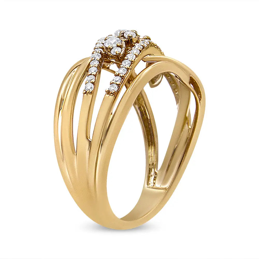 Exquisite Multi Row Diamond Split Shank Cocktail Ring in 10k Yellow Gold