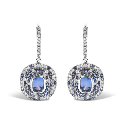 Exquisite Natural Blue Sapphire and Diamond Scattered Halo Drop Earrings