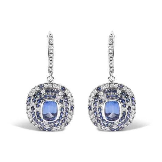 Exquisite Natural Blue Sapphire and Diamond Scattered Halo Drop Earrings