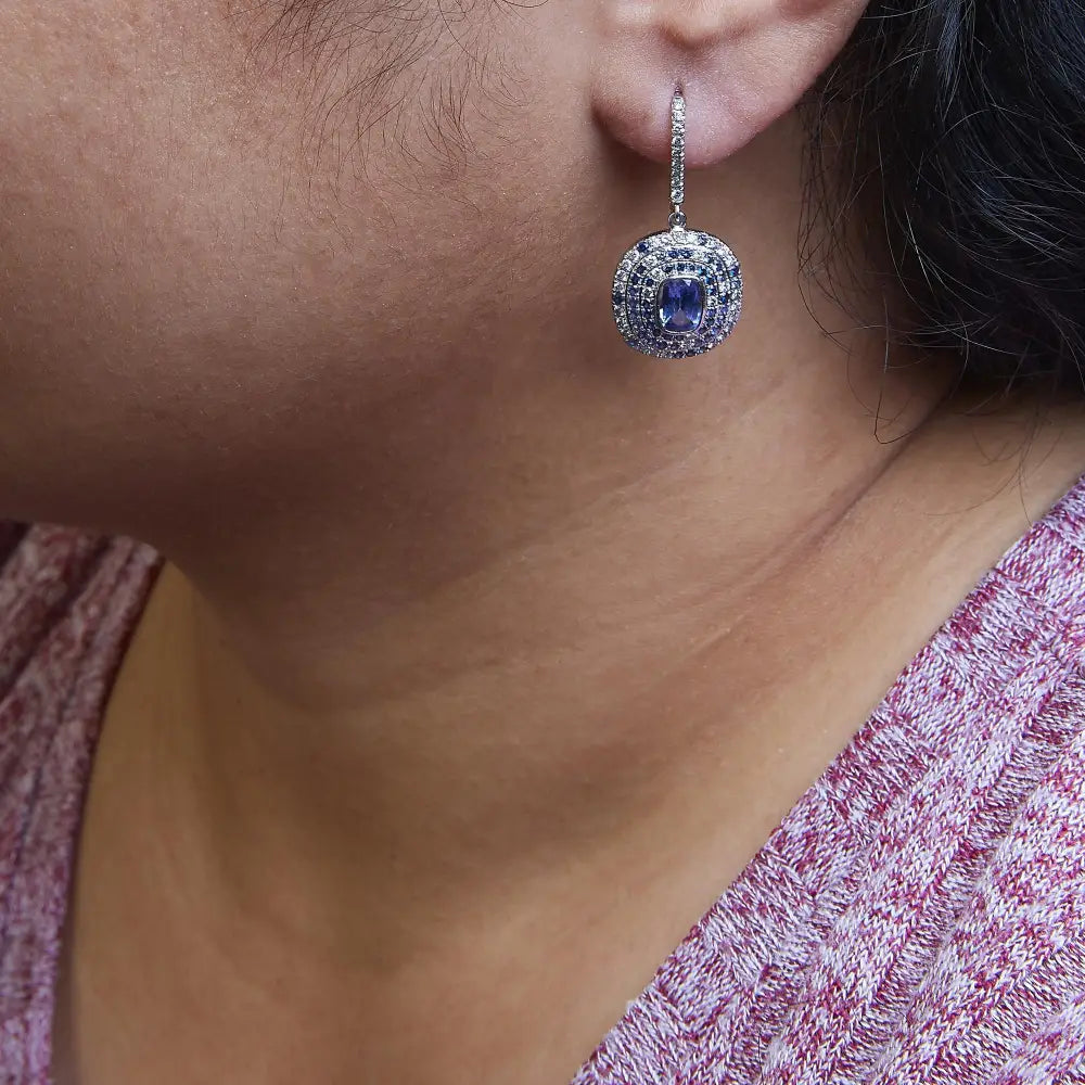 Exquisite Natural Blue Sapphire and Diamond Scattered Halo Drop Earrings