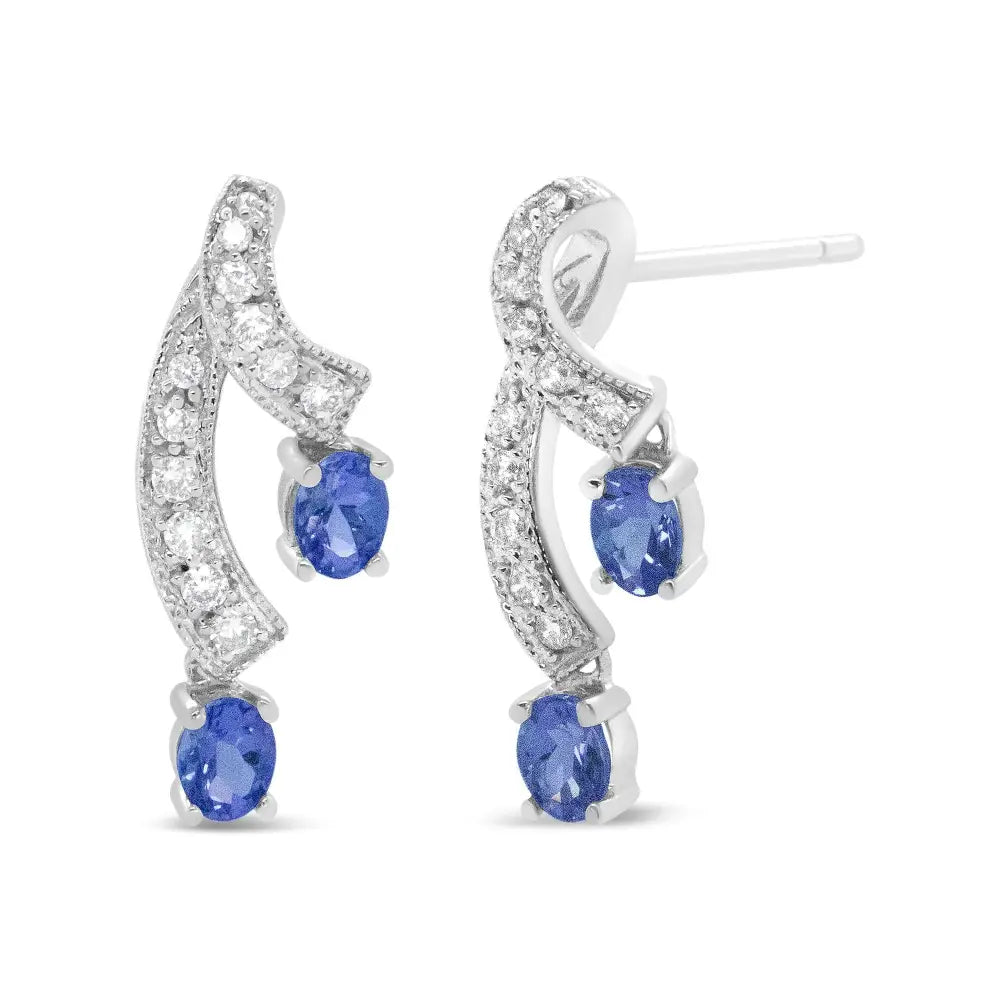 Exquisite Oval Shaped Natural Blue Tanzanite and Diamond Earrings in 14k White