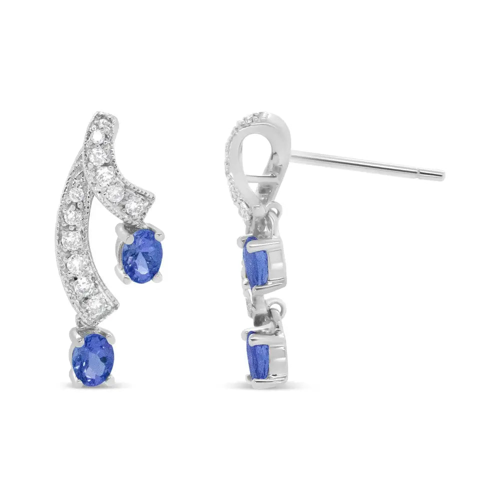 Exquisite Oval Shaped Natural Blue Tanzanite and Diamond Earrings in 14k White