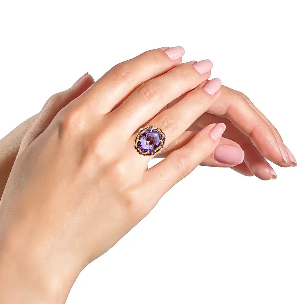 Exquisite Rose Gold Claw Prong Cocktail Ring with Amethyst and Sapphires