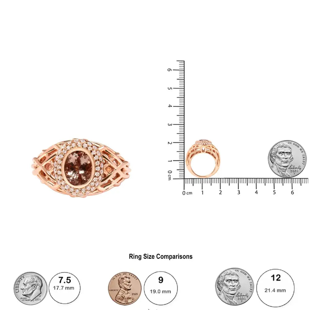 Exquisite Rose Gold Oval Light Pink Morganite with Cttw Diamonds Halo Ring