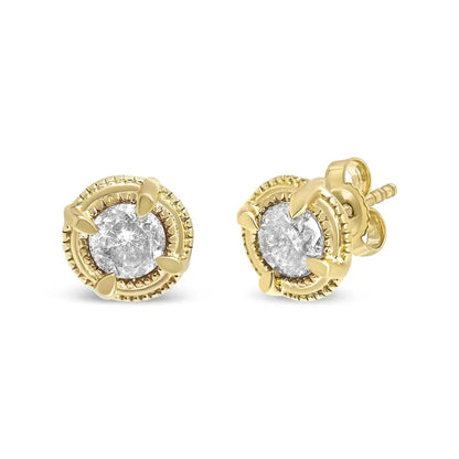 Exquisite Round Brilliant Cut Diamond Solitaire Milgrain Stud Earrings