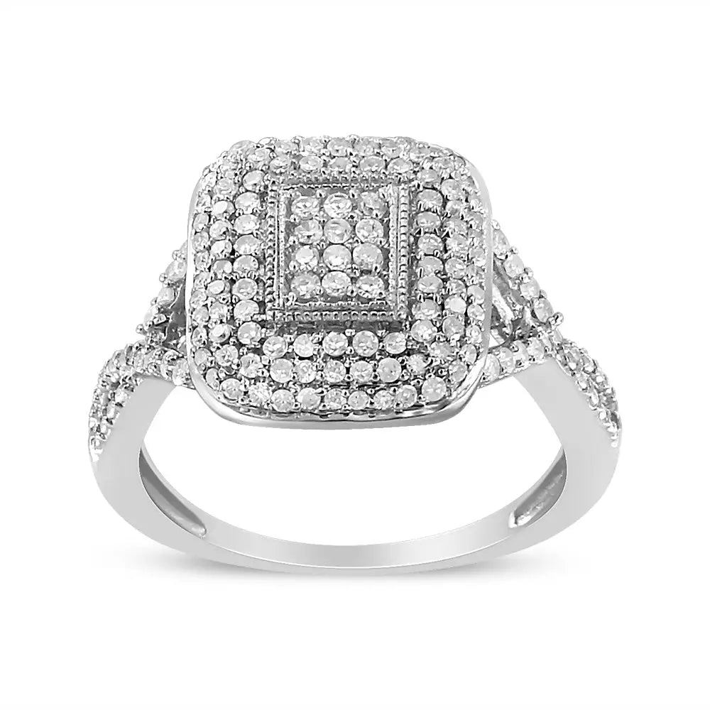 Exquisite Round-cut Diamond Cluster Cushion Ring in Sterling Silver