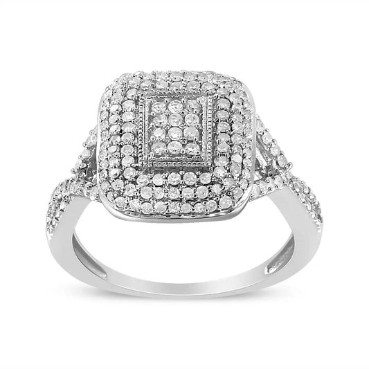 Exquisite Round-cut Diamond Cluster Cushion Ring in Sterling Silver