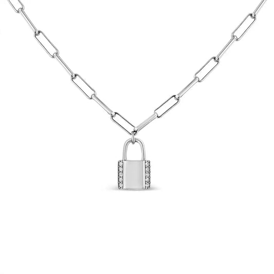 Exquisite Round Diamond Lock Pendant Paperclip Chain Necklace in Silver