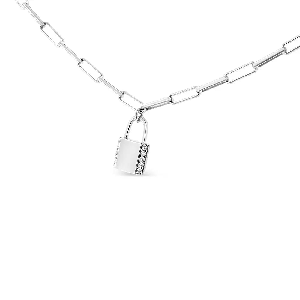 Exquisite Round Diamond Lock Pendant Paperclip Chain Necklace in Silver