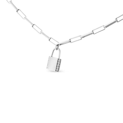 Exquisite Round Diamond Lock Pendant Paperclip Chain Necklace in Silver