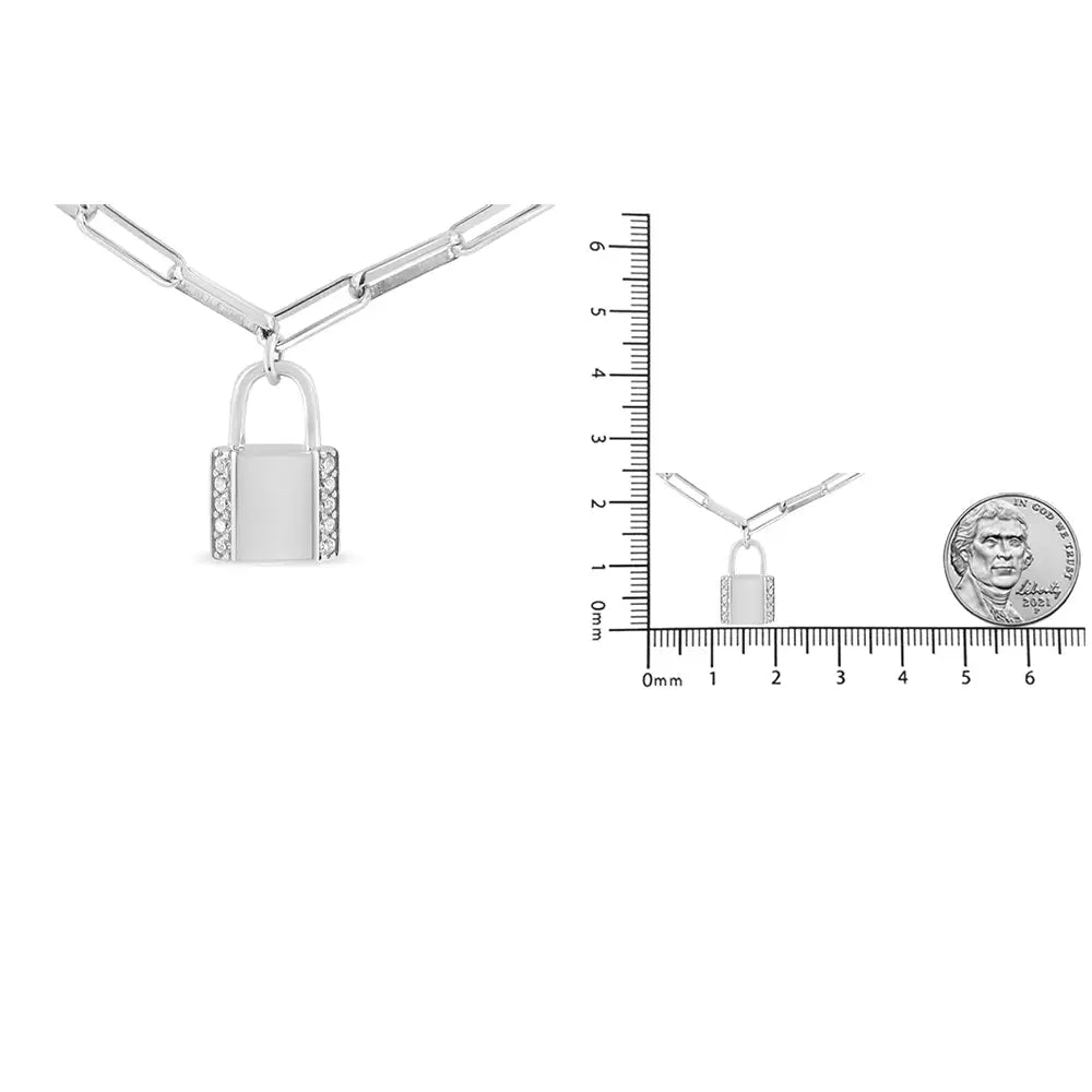 Exquisite Round Diamond Lock Pendant Paperclip Chain Necklace in Silver