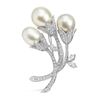 Exquisite South Sea Pearl Floral Brooch in 18k White Gold with Diamonds