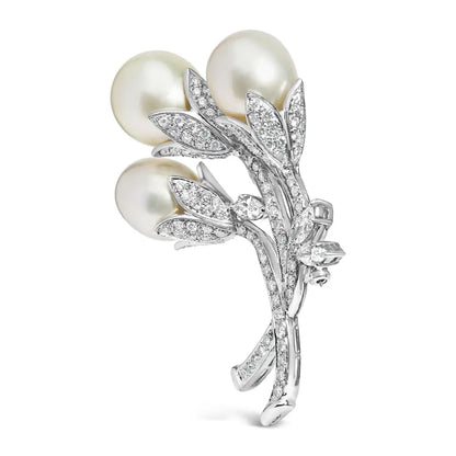 Exquisite South Sea Pearl Floral Brooch in 18k White Gold with Diamonds