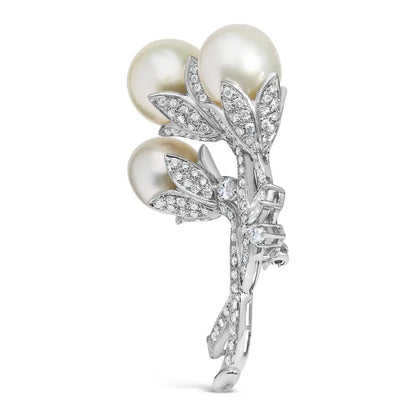 Exquisite South Sea Pearl Floral Brooch in 18k White Gold with Diamonds