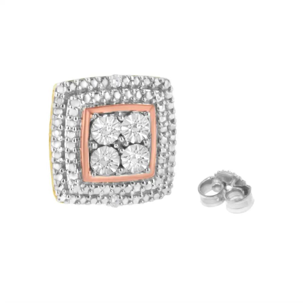 Exquisite Square Shaped Milgrain Earrings in Sterling Silver Diamond Accented