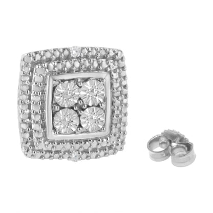 Exquisite Square Shaped Milgrain Earrings in Sterling Silver Diamond Accented