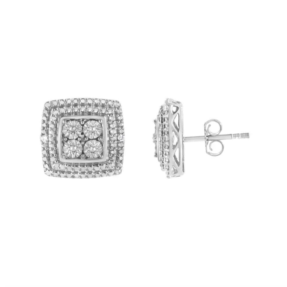 Exquisite Square Shaped Milgrain Earrings in Sterling Silver Diamond Accented