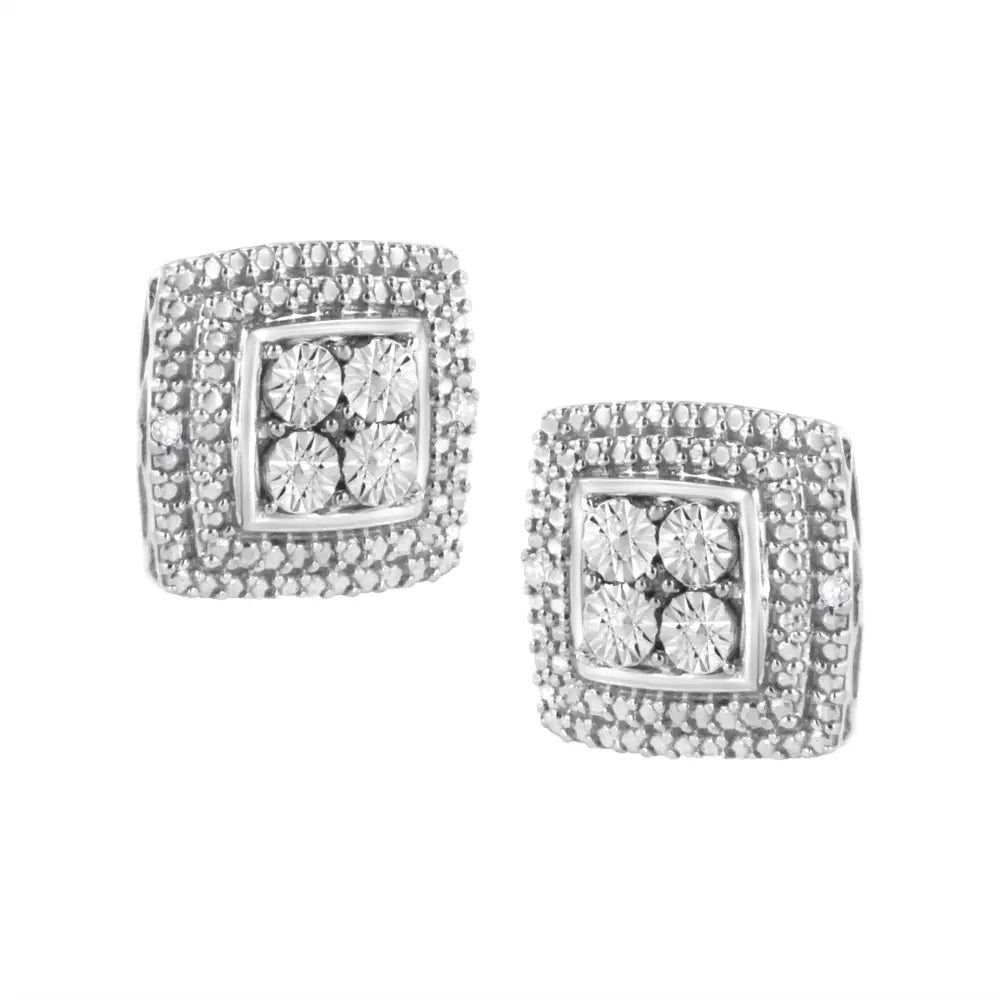 Exquisite Square Shaped Milgrain Earrings in Sterling Silver Diamond Accented