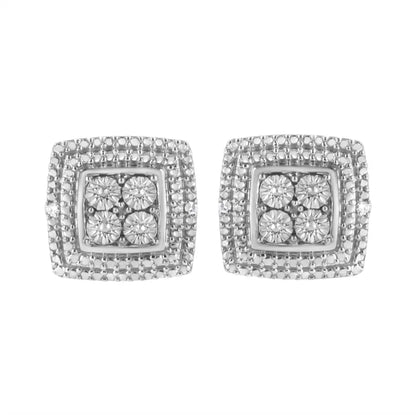 Exquisite Square Shaped Milgrain Earrings in Sterling Silver Diamond Accented