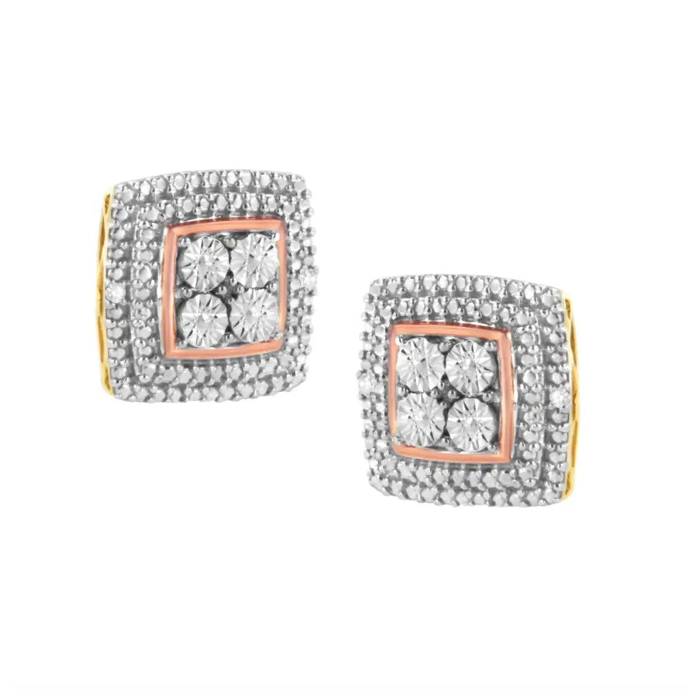 Exquisite Square Shaped Milgrain Earrings in Sterling Silver Diamond Accented