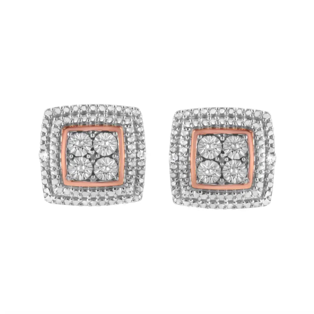 Exquisite Square Shaped Milgrain Earrings in Sterling Silver Diamond Accented