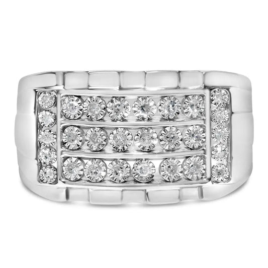 Exquisite Sterling Silver 1/4 Cttw Diamond Three Row Channel Band Ring