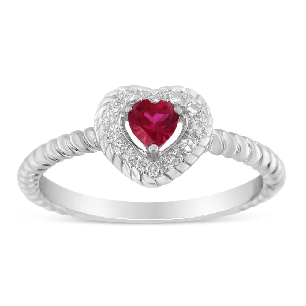 Exquisite Sterling Silver 4mm Lab Created Ruby Heart Ring