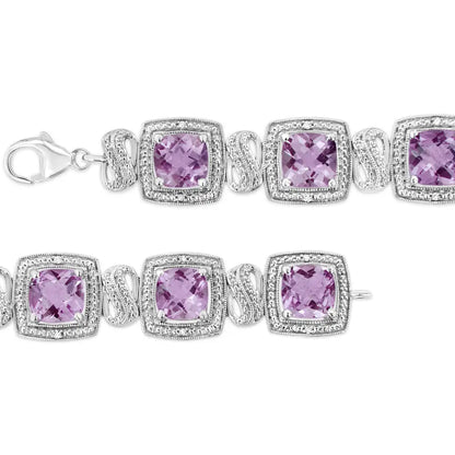 Exquisite Sterling Silver 7x7 Cushion Cut Purple Amethyst Tennis Bracelet