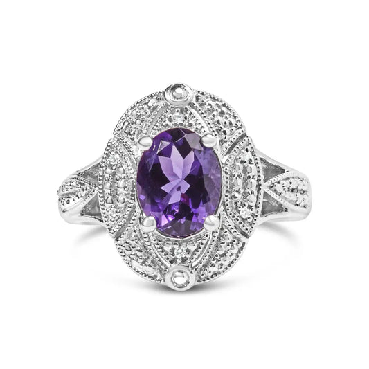 Exquisite Sterling Silver 9x7mm Oval Purple Amethyst Cocktail Ring