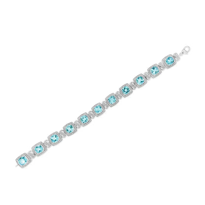 Exquisite Sterling Silver Bracelet with Cushion Cut Blue Topaz and Diamonds