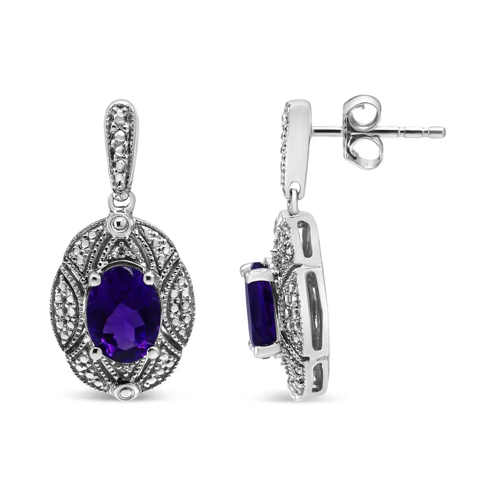 Exquisite Sterling Silver Diamond Accent 8x6mm Purple Oval Amethyst Earrings