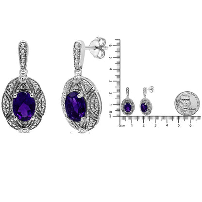 Exquisite Sterling Silver Diamond Accent 8x6mm Purple Oval Amethyst Earrings