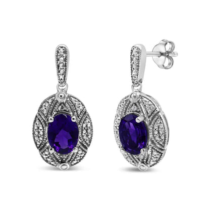 Exquisite Sterling Silver Diamond Accent 8x6mm Purple Oval Amethyst Earrings