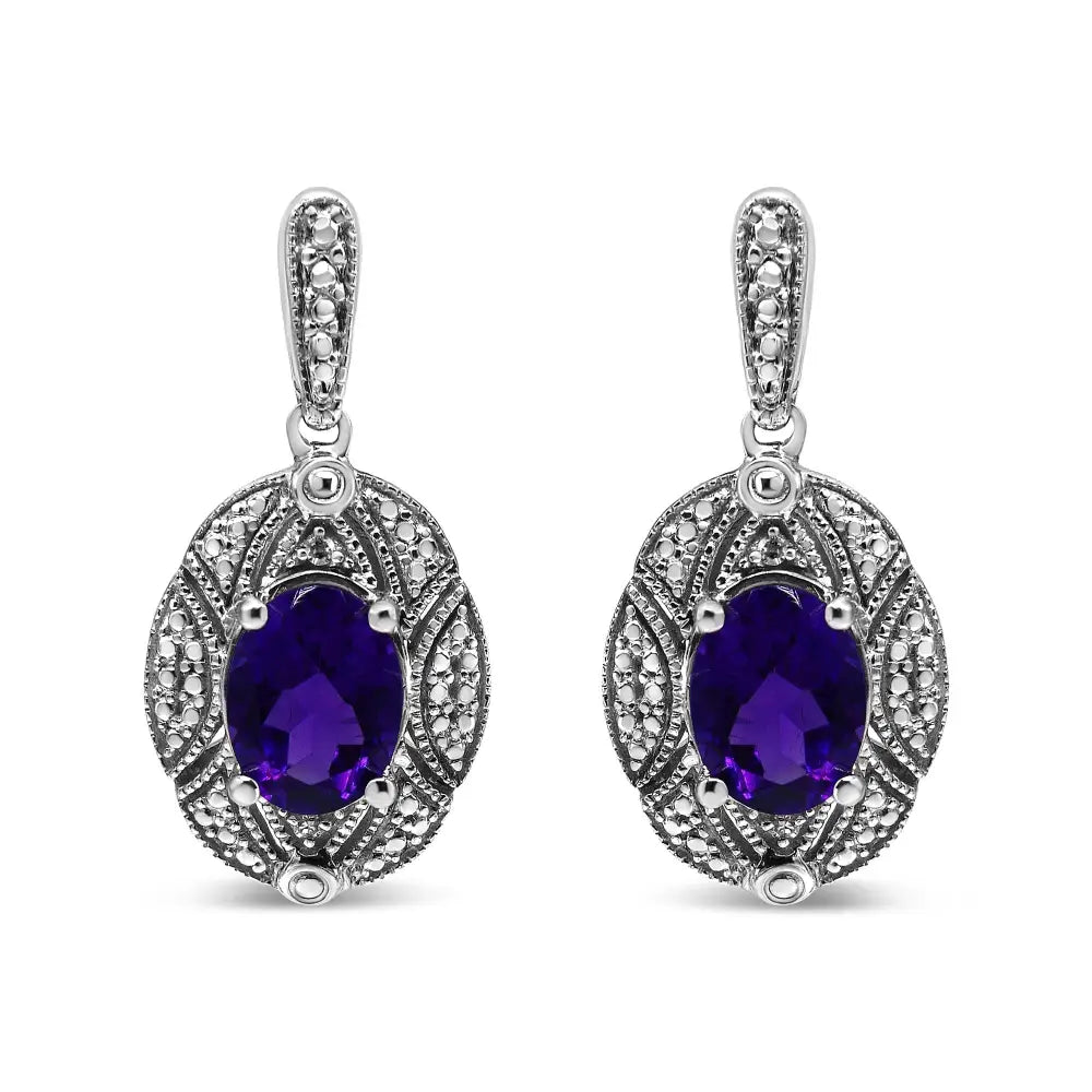 Exquisite Sterling Silver Diamond Accent 8x6mm Purple Oval Amethyst Earrings