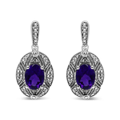 Exquisite Sterling Silver Diamond Accent 8x6mm Purple Oval Amethyst Earrings