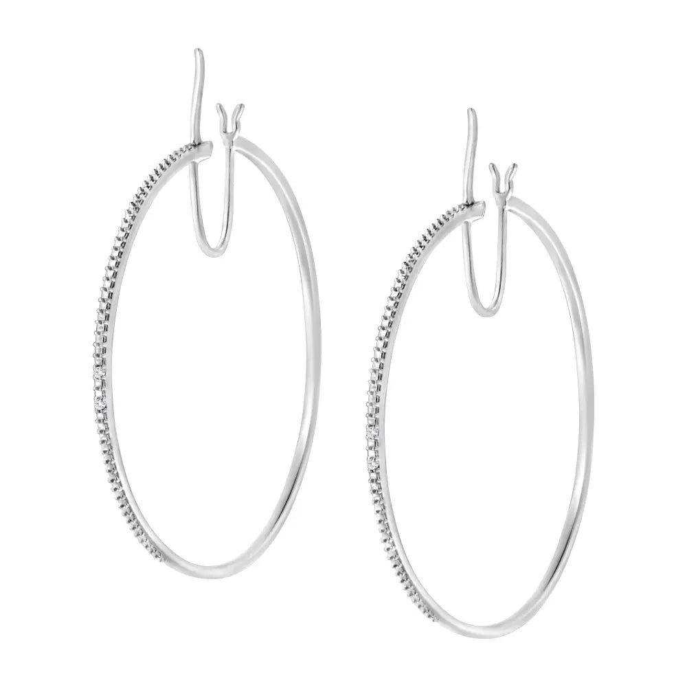 Exquisite Sterling Silver Diamond Accent Medium Sized Hoops Earrings