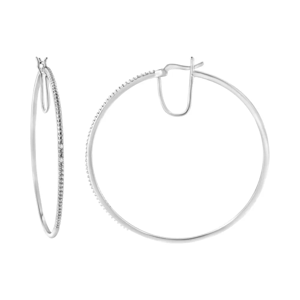 Exquisite Sterling Silver Diamond Accent Medium Sized Hoops Earrings