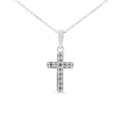 .925 Sterling Silver 1/4 Cttw Prong Set Round-cut Diamond Cross 18’’