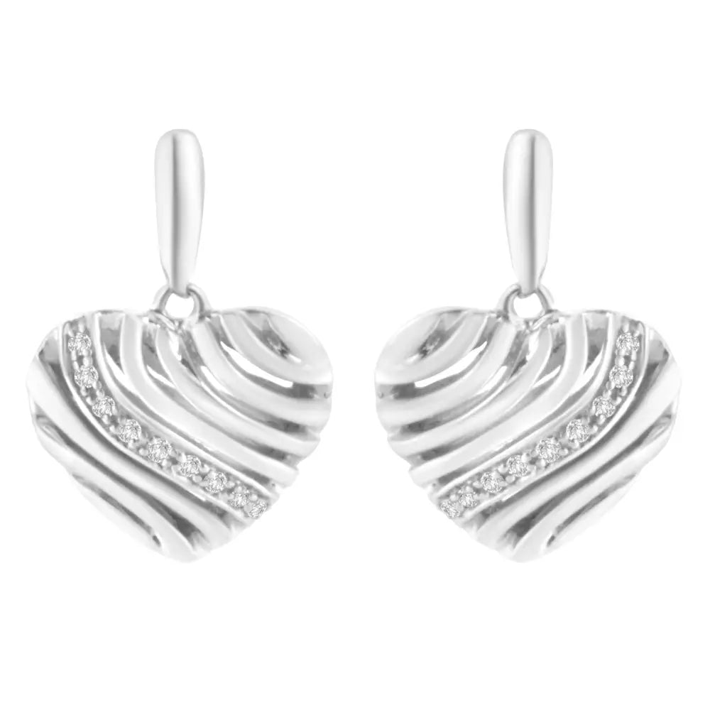 Exquisite Sterling Silver Heart Diamond Accent Puff Earrings