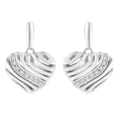 Exquisite Sterling Silver Heart Diamond Accent Puff Earrings